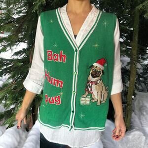 Ugly Sweater XXL . Bah Hum Pug . Dog Sweater . holiday Sleeveless Vest Sweater